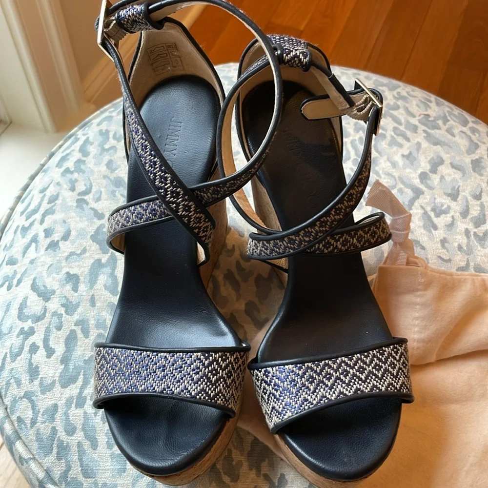 Jimmy Choo Portia Wedge Sandals Navy Cork Two-Tone Leather Size 38 EU Chic Style